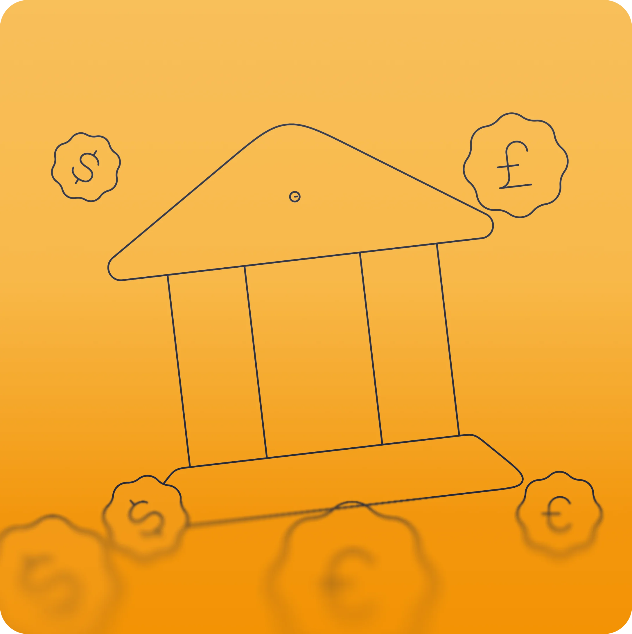 A bank surrounded by international currency symbols